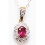 A 9ct gold synthetic ruby and eight cut diamond cluster pendant, on 375 gold chain, 18mm, 2gm.