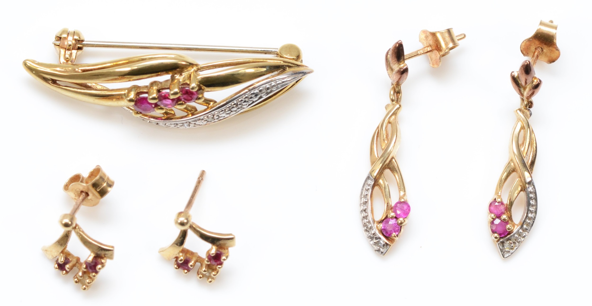 A 375 gold pink sapphire and eight cut diamond floral brooch, 33 x 10mm, with a pair of matching - Image 2 of 2