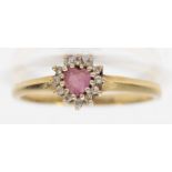 A 9ct gold heart cut pink sapphire and eight cut diamond cluster ring, U, 2gm.