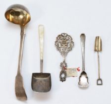 A group of silver spoons to include a Victorian fiddle pattern ladle, London 1839, a silver spade