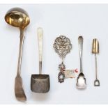 A group of silver spoons to include a Victorian fiddle pattern ladle, London 1839, a silver spade