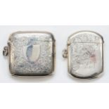 An Edwardian silver rounded square vesta case, Birmingham 1904, together with another vesta,