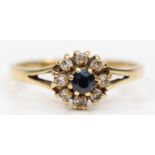 A 9ct gold sapphire and eight cut diamond dress ring, P-Q, 2gm.