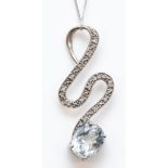 A 9ct white gold beryl and eight cut diamond pendant, on a 375 white gold chain, 32mm,2.2gm.