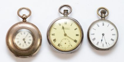 Three silver fob watches to include a half hunter fob watch, by John Bariel Locke, movement number