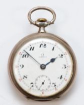 Omega, a 800 silver open faced key less wind pocket watch, the enamel dial set with Arabic