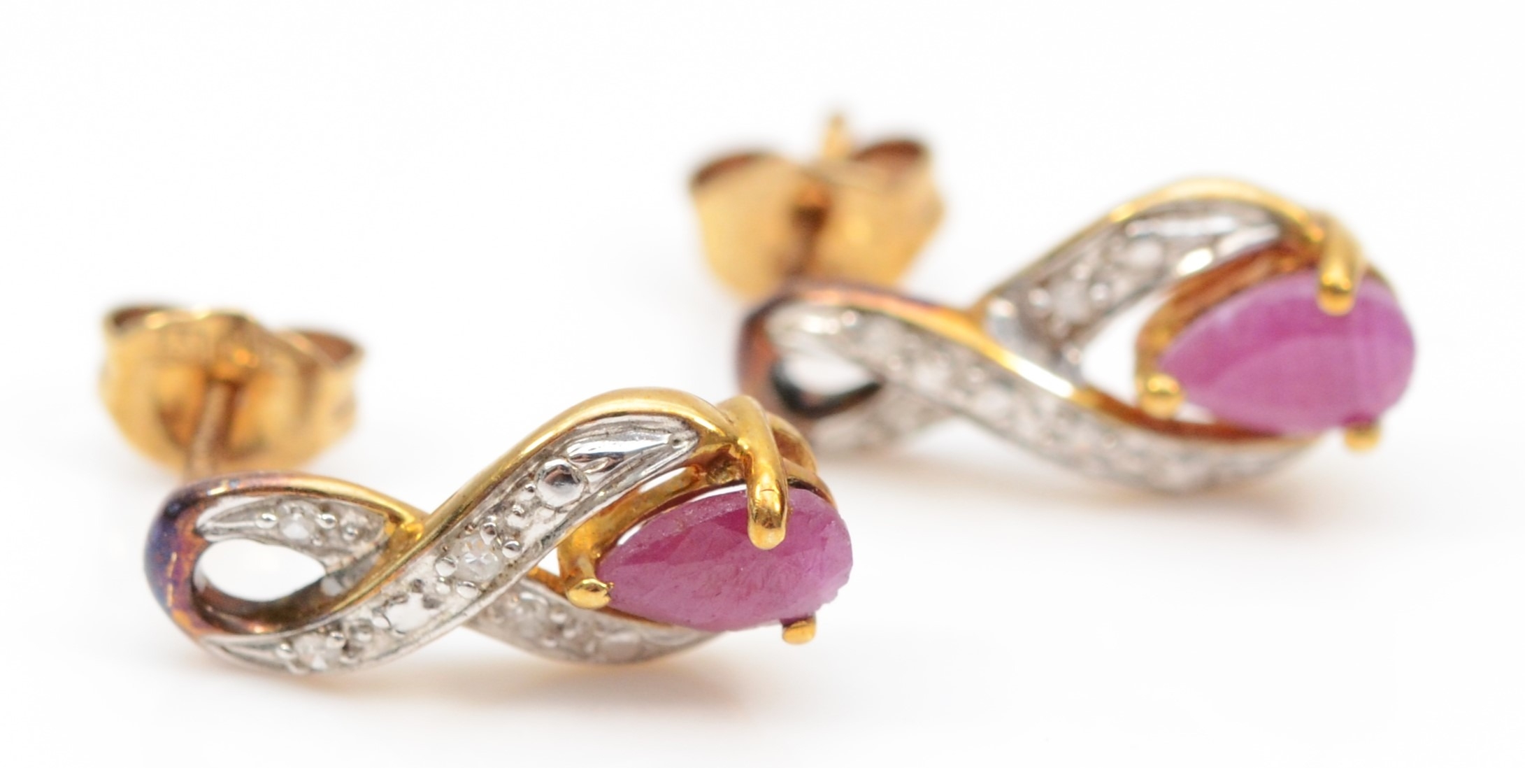 A pair of 9ct gold ruby and eight cut diamond drop earrings, 13mm, 1.3gm. - Image 2 of 2