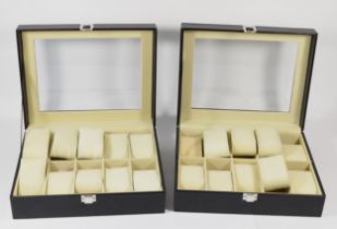 Two faux leather watch boxes, with ten sections, 20 x 25 x 8cm.