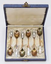 A set of six Danish sterling silver and enamel tea spoons, by Ela, 37gm, cased.