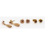 Two pairs of 9ct gold earrings to include a garnet set example, 5mm, together with a pair of pink