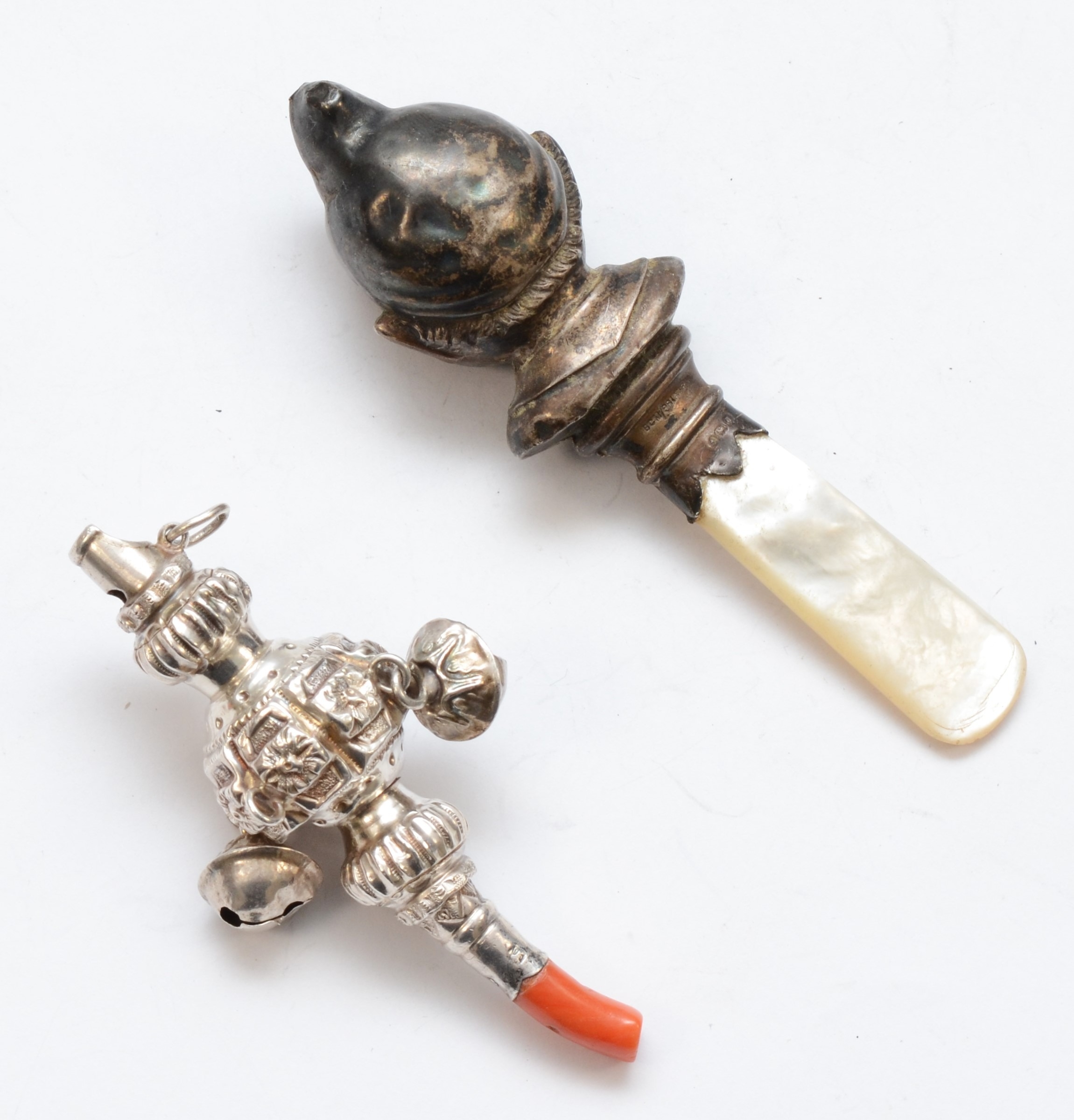 A Victorian silver and coral infants rattle and whistle, by George Unite, Birmingham 1882, 8.5cm, - Image 2 of 2