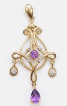 A vintage 9ct gold amethyst and eight cut diamond pendant, 42 x 18mm, 2.1gm.
