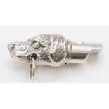 A vintage silver plated dog head whistle, unmarked, 5cm, 10gm.