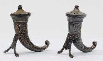 A pair of Norwegian silver Viking drinking horn salt and pepper shakers, by Theodore Olsen, 6 x 5cm,