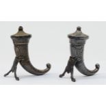 A pair of Norwegian silver Viking drinking horn salt and pepper shakers, by Theodore Olsen, 6 x 5cm,