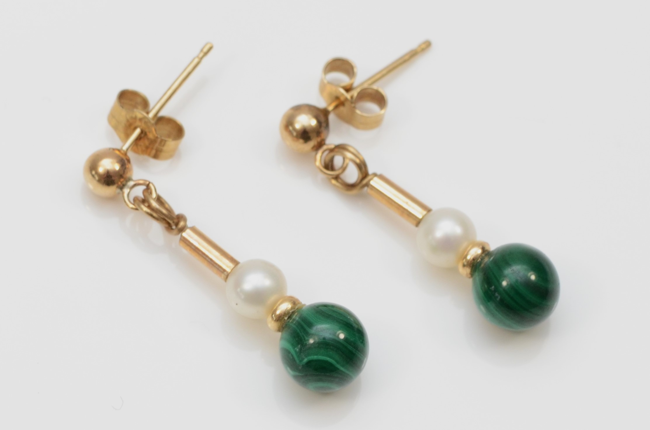 A pair of gold malachite and cultured pearl drop earrings, unmarked, butterfly backs 9ct, 28mm, 2. - Image 2 of 2