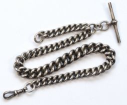 A Victorian silver graduating curb link t-bar pocket watch chain, by William Walter Cashmore,