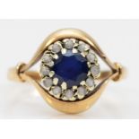 A 9ct gold blue and white paste stone cluster ring, R, 3.2gm.