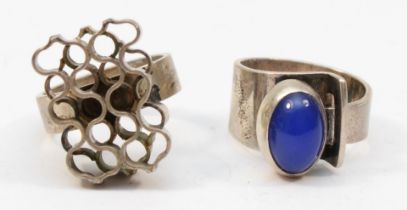 A silver Modernist dyed quartz ring, by Kupittaan Kulta, M-N, together with another example by