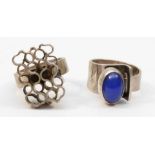 A silver Modernist dyed quartz ring, by Kupittaan Kulta, M-N, together with another example by