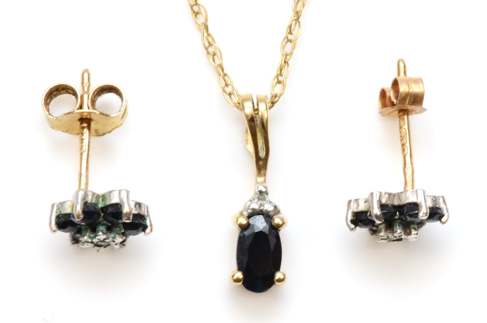 A 9ct gold sapphire and eight cut diamond pendant, on 375 gold chain, 13mm, together with a pair