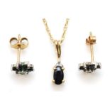 A 9ct gold sapphire and eight cut diamond pendant, on 375 gold chain, 13mm, together with a pair