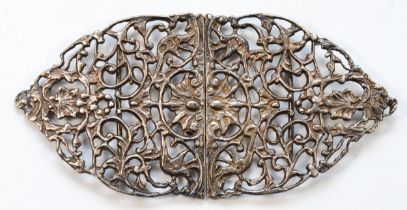 A cast silver floral nurses belt buckle, Birmingham 1974, 13 x 6.5cm, 61gm.