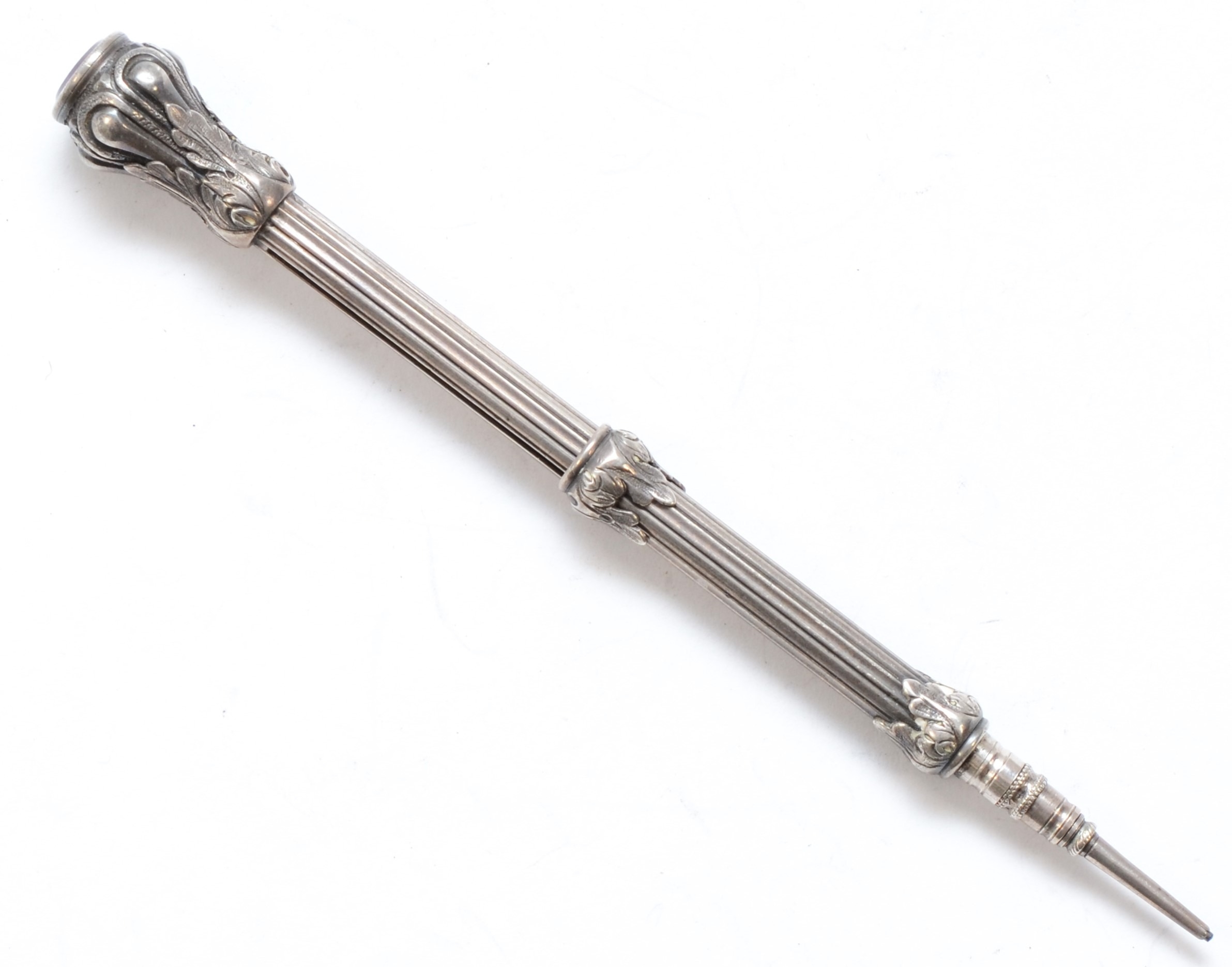 An early 20th century silver bodied propelling pencil, by S. Mordan& Co, purple paste stone