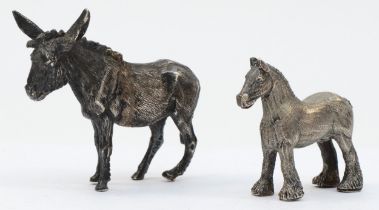 A silver donkey, by SMD, London 1971, 5.5 x 6cm, together with a silver horse, unmarked, filled.