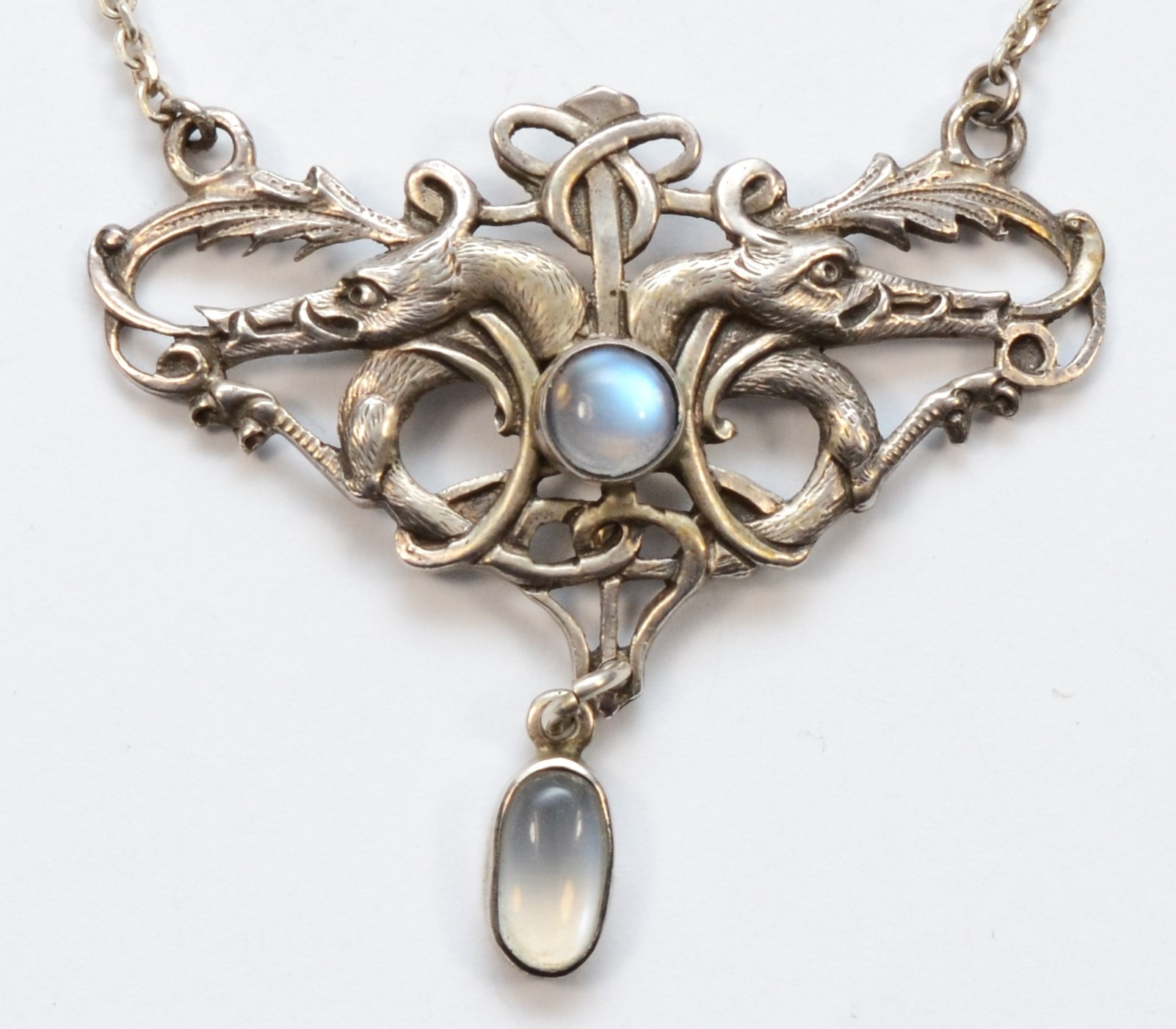 A silver Arts and Crafts moonstone necklace, by Samuel Jacob, London 1908, 49.5cm, 17gm, replacement