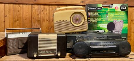 A selection of vintage radios and 1980s Hi-Fi equipment, comprising a Bush portable radio TR82B, a