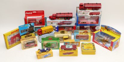 A collection of Corgi and Dinky replica diecast models, with scale figures and road signs, boxed