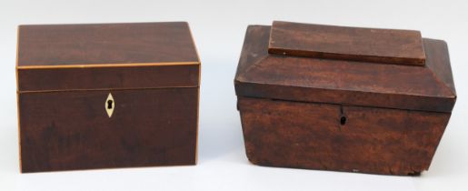 A 19th Century rosewood teacaddy, with boxwood beading, having hinged lid with two compartments,