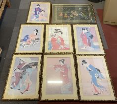 A set of seven Japanese prints of Ladies, 43x65cm, and a Mugal print of a tiger hunt.