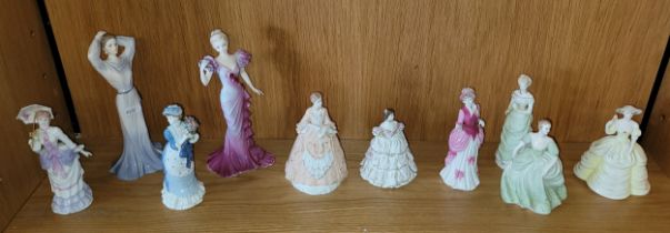 A collection of ten small Coalport porcelain figurines, 15cm tall. (10)