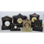 A collection of five Victorian slate mantel clocks, having 8 day movements striking on gongs. (5)