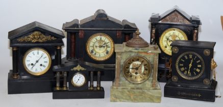 A collection of five Victorian slate mantel clocks, having 8 day movements striking on gongs. (5)