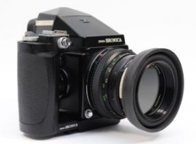 Zenza Bronica ETRS medium format camera, 75mm lens, and speed grip together with spare film back.