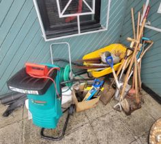 A Bosch Rapid electric garden shredder, AXT2200, together with a quantity of garden hand tools, hose