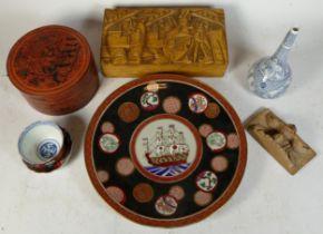 A Japanese Imari parcel gilt porcelain charger, 34cm diameter, together with a blue and white