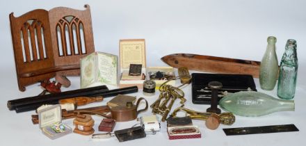 A collection of collectables, to include glass Cod's pop bottles, sewing accessories, writing