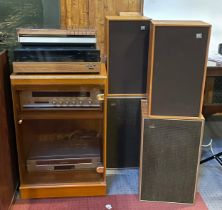 Hi-Fi equipment circa 1980s, comprising a Rotel turntable RP-1500, Rotel receiver AX-200, Philips