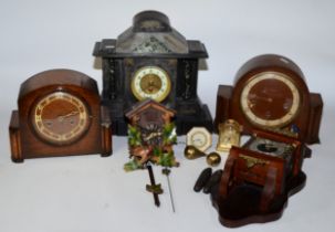 A collection of early 20th century and later clocks, to include an Edwardian slate mantel clock, two