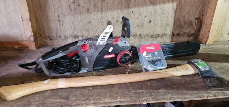 An Oregon 18" electric chainsaw with power sharp spare chain and a Draper Expert 2kg felling axe