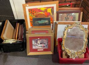 A large collection of framed pictures, together with pub mirrors, sporting events, and car related