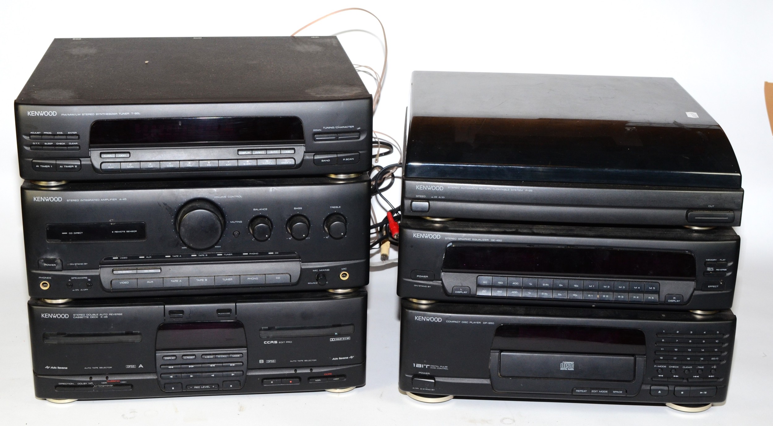 A Kenwood Hi-Fi stack system, comprising turntable P-26, graphic equaliser GE-450, CD player DP-950,