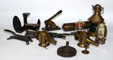 Reproduction ships lamps, together with coach lamps, a cast iron cobblers shoe anvil, a boot