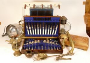 A collection of early 20th century and later horse brasses, together with cased cutlery, oil lamps