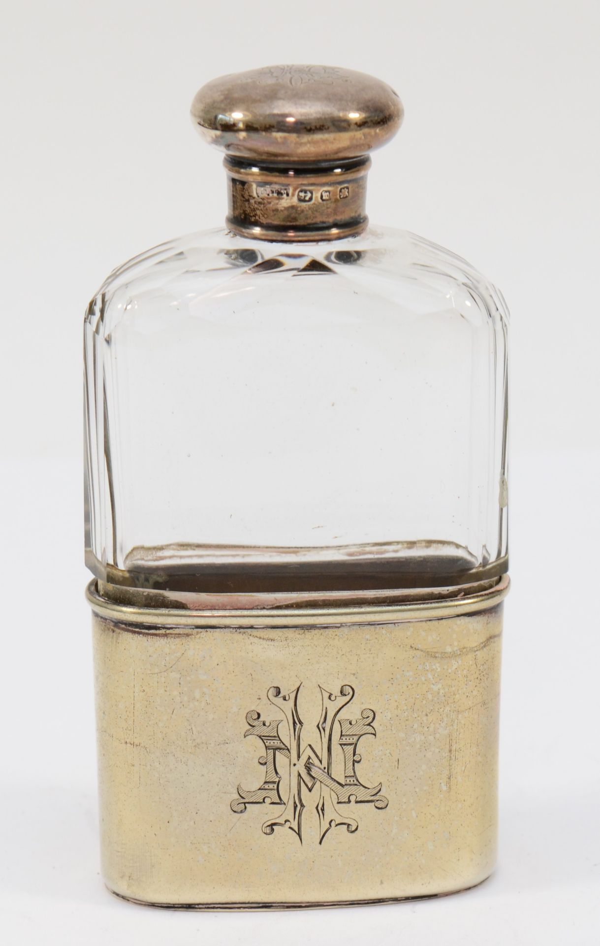 A Victorian silver, glass and silver plated hip flask, Birmingham 1896, silver screw cap, plated