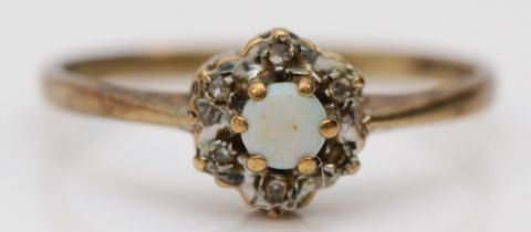 A 9ct gold opal and diamond cluster ring, M, 1.2gm